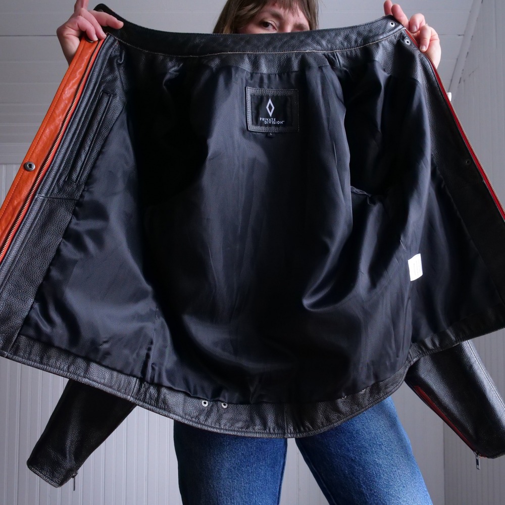 y2k Private Divisions orange and black cafe racer leather jacket - Picture 3 of 11